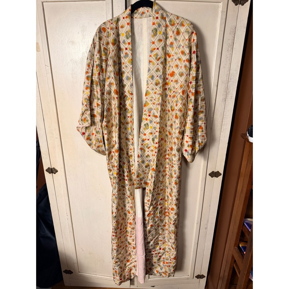 Vintage Japanese Silk Kimono Robe Ikat Diamond Geometric Duster Orange Multi